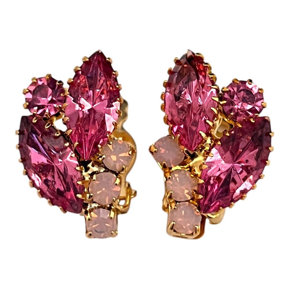 Vintage 1960s Rhinestone Clip Earrings Pink Navette Crystal Gold Tone - 5O